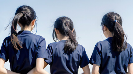 Obraz premium 3人のポニーテールの女性の後姿_ワイド