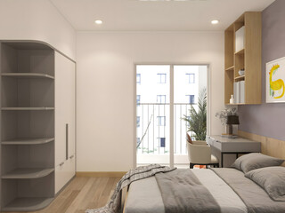 Modern Bedroom Interior, Wooden Floor, Bookshelves, Working Desk, Mockup Poster, Chair, Grey Bed and Pillows, Balcony View, White, Empty Wall, 3D Render