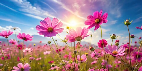 A field of vibrant pink wildflowers swaying gently in the breeze on a sunny day, flowers, pink flowers