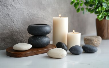 Mindfulness Meditation: A peaceful scene with candles, stones, and meditation elements arranged for relaxation, displayed on a clean surface 