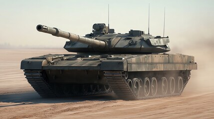 A tank driving across a desert.