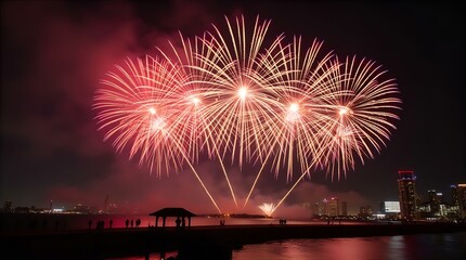 Fototapeta premium Colorful fireworks lighting up the night sky over a river with reflections on the water during a festive celebration