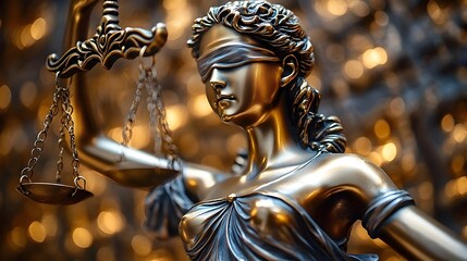 Fototapeta premium Majestic bronze statue of the Goddess of Justice,known as Justitia,holding the iconic scales of balance and fairness. The ornate architectural figure stands as a symbol of law,legislation.
