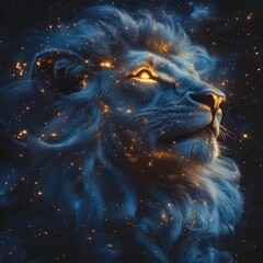 Majestic cosmic lion emerging from swirling cosmic energy and nebulae,set against a breathtaking galactic backdrop filled with shimmering stars and celestial phenomena.