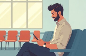Thoughtful Man Using Tablet in Bright Waiting Room