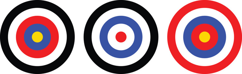 Archery target collection. Sight Crosshairs Bullseye dartboard icon. Business target destination icon. Target aiming in blue, red, Black and yellow. 