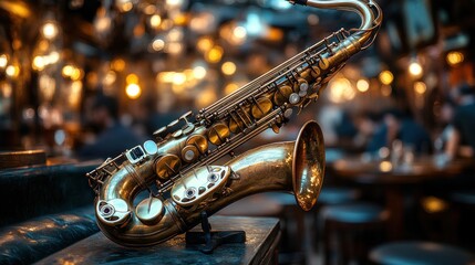 Naklejka premium A gold saxophone sits on a table in a dimly lit bar, with blurred figures of people and warm lighting in the background.