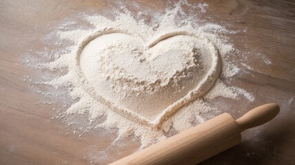 Mound of flour shaped into heart on rustic kitchen table