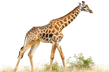 Obraz premium Wild giraffe walking in dry grass isoated on white background