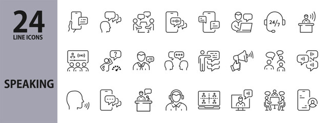 Speaking line icons set with Discussion, Communication, Conversation, Speech Bubble, Consultation, Talk and more. Editable Stroke