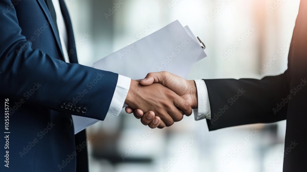 Poster two men shaking hands with a white piece of paper in between them
