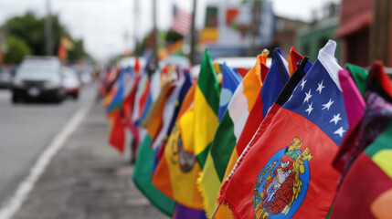 A street filled with flags from various Latin American countries, all celebrating Hispanic Heritage Month with pride and unity.