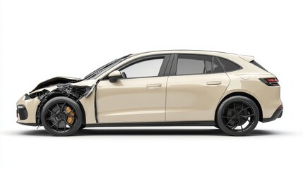 Naklejka premium Realistic Car Accident Damage in 3D Render - Side View of Vehicle with Broken Window on White Background