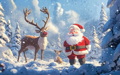 illustration A cheerful, animated winter scene featuring Santa Claus on the right standing beside a reindeer the left in a snowy landscape