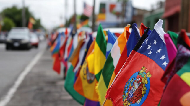 A street filled with flags from various Latin American countries, all celebrating Hispanic Heritage Month with pride and unity.
