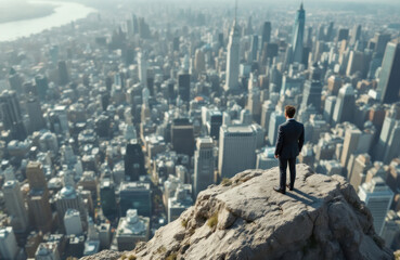 Fototapeta premium Man Standing on a Cliff Overlooking City