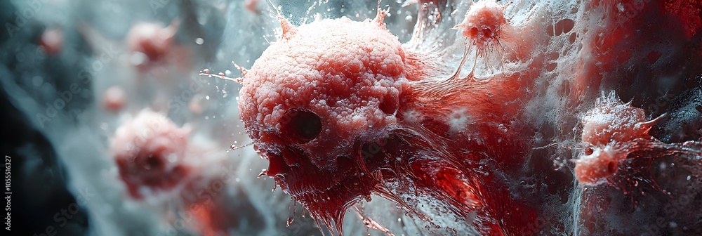 Fototapete Mesmerizing close-up image capturing the chaotic,viscous flow of a vivid red liquid against a backdrop of icy,snow-covered textures,creating a striking and captivating visual experience.