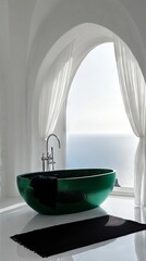 Emerald green bathtub in a white, minimalist bathroom.