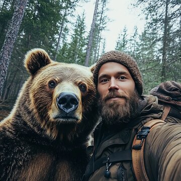 A man with a beard takes a selfie with a bear in the forest.