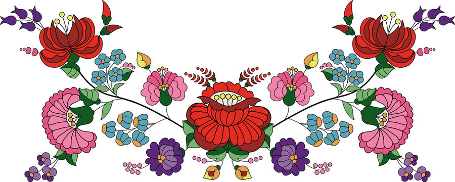 Hungarian Kalocsai Embroidery Flower Embroidery, Abstract Floral Motifs. Edge Decoration Trim Border Decoration. Designs For Fexture, Fabric, Clothing, Wrapping, Decoration, etc. Vector Illustration.

