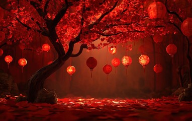 Chinese New Year red tree with red lanterns hanging from it. The tree is surrounded by red paper and the lanterns are hanging from the branches