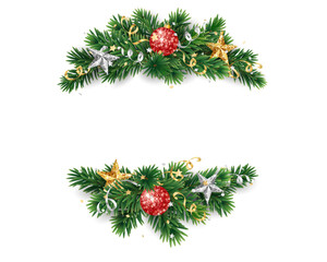 Christmas tree decoration. Holiday fir tree garland, festive Christmas divider. Winter season frame, spruce branch with gold and red Christmas glitter ornaments. Transparent background in vector file.