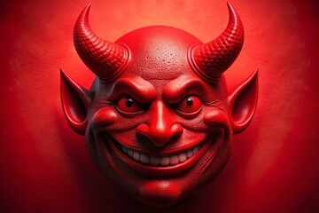 Obraz premium Red Devil Smiley Face Illustration with Horns on Bold Red Background for Eye-Catching Visuals