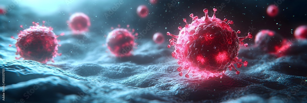 Poster microscopic 3d rendering or of dangerous red virus cells causing a global pandemic outbreak with glo