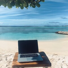 Laptop on a beach table with a view of a turquoise ocean.