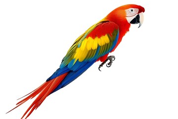 Obraz premium Profile of a beautiful scarlet macaw parrot with colorful plumage isolated on white background