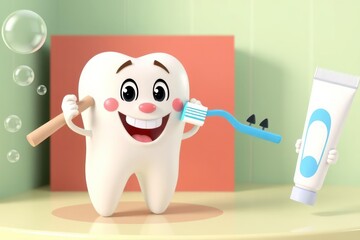 Cartoon Tooth Brushing with Toothpaste