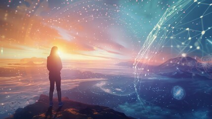 Woman Standing on a Mountaintop with a Network of Lines in the Sky