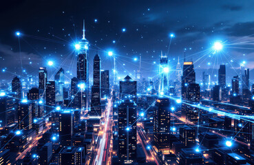 Connected Cityscape at Night with Blue Lights