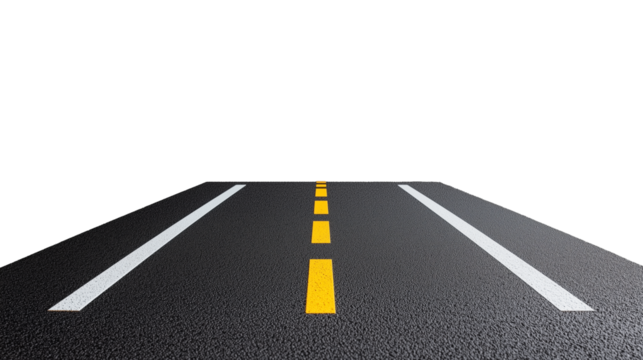 Straight road with yellow and white dashed lines on a transparent background