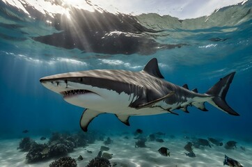 A realistic view of a great white shark gliding in the ocean depths, with sunlight filtering down, creating an intimidating yet mesmerizing marine scene.
