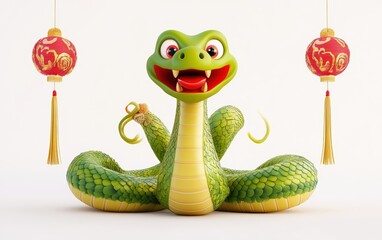 Fototapeta premium 3d chinese happy green snake with happy face, lunar new year theme, white background
