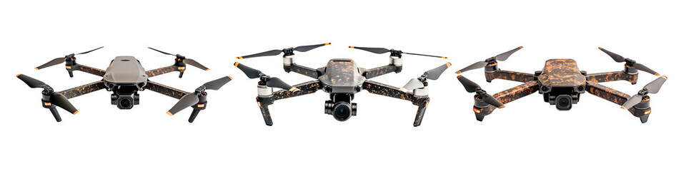 Three different drones are shown in a horizontal row on a transparent background.