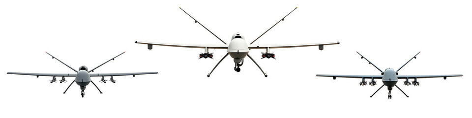 Modern UAV drone with camera isolated on transparent background.