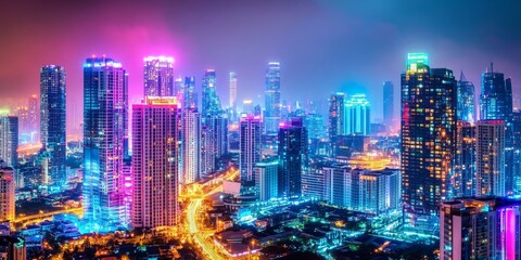 Fototapeta premium A vibrant, neon-lit city of the future. The modern buildings glow with colorful lights, creating a retro-futuristic cyberpunk vibe.