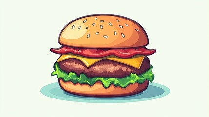 Delicious cheeseburger with crispy bacon, fresh lettuce, and pickles, displayed on a solid color background, capturing appetizing details