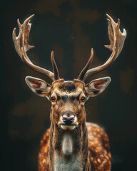 Fototapeta premium A mesmerizing ultrarealistic portrait of a deer with grand antlers, bathed in soft shadows. The dark background enhances its grace and power, making it an ideal wildlife-inspired artwork.