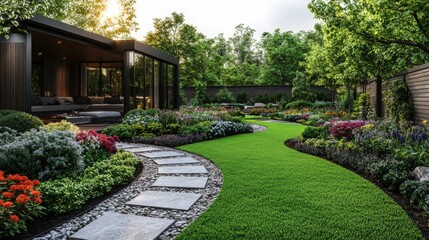 Fototapeta premium Beautiful garden pathway with vibrant flowers and lush greenery in a serene backyard
