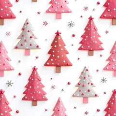 A pattern of various stylized Christmas trees in different shades of red, orange, and white, with some pine cones and other decorative elements scattered throughout the composition