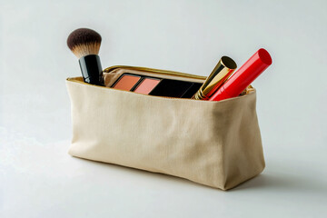 Makeup bag containing lipstick, eyeshadow, and brush on a white background.
