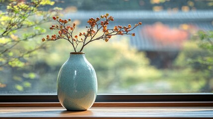 A Blue Ceramic Vase with Dried Berries in Front of a Window