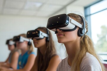 Naklejka premium Students in a classroom with VR headsets. Generative AI