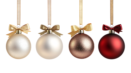Christmas ornaments, pearlescent beige, bronze, and red, hanging with gold ribbons and bows. transparent background.