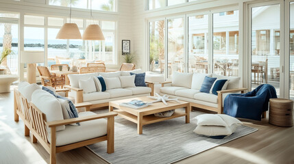 Coastal-themed living room with wooden furniture, white sofas, blue cushions, large windows showcasing outdoor deck, soft natural light, woven lamp shades, and a minimalistic decor.