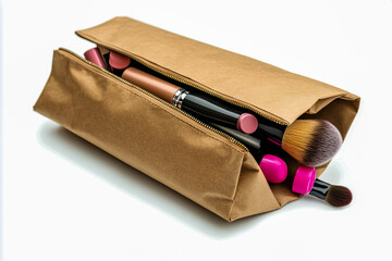 Makeup bag containing lipstick, eyeshadow, and brush on a white background.