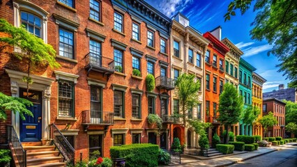 Fototapeta premium Row of Charming Old Brick Homes in West Village, NYC – Iconic Architecture and Urban Aesthetics